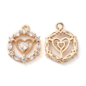 K9 Glass Pendants, with Golden Tone Brass Findings and Rhinestone, Flat Round with Heart Charms, Crystal, 20x15x3.3mm, Hole: 1.8mm