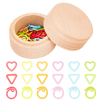 36Pcs 3 Styles Ring & Heart & Triangle Alloy Locking Stitch Marker, with Wooden Storage Box, Mixed Shapes, 1.2~1.5x1.3~1.5x0.1cm, 12pcs/style