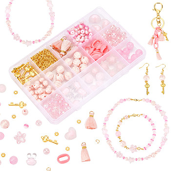 Elite DIY Jewelry Making Kit, Inclding Rabbit & Heart & Pumpkin Acrylic Beads & Linking Rings, Resin & Alloy Beads, Nylon Tassel Pendant, 304 Stainless Steel Jump Rings, Plastic Pendants, Pink, 313Pcs/box