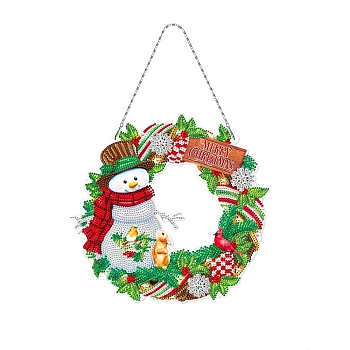 Christmas Theme DIY Diamond Painting Wreath Pendant Decoration Kits, including Resin Rhinestones, Diamond Sticky Pen, Tray Plate and Glue Clay, Snowman, 265x280mm