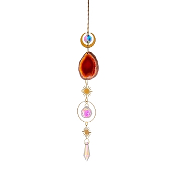 Nuggets Natural Agate Slice Pendant Decorations, Hanging Suncatchers, with Iron Findings, Glass Charms, for Home Decoration, Moon & Sun & Bullet, FireBrick, 43~45cm