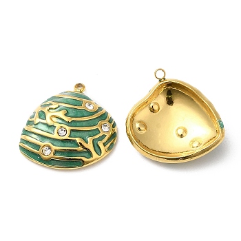 304 Stainless Steel Rhinestone Pendants, with Enamel, Shell Charms, Golden, Green, 19.5x19x5mm, Hole: 1.2mm