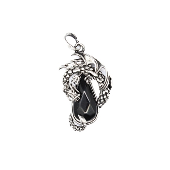 Natural Obsidian Brass Pendants, Flying Dragon Charms with Faceted Teardrop Gems, Antique Silver, 38x22x6mm
