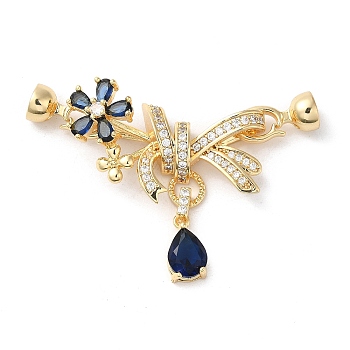 Rack Plating Brass Micro Pave Clear Cubic Zirconia Fold Over Clasps, with Blue Glass, Cadmium Free & Lead Free, Long-Lasting Plated, Flower, Golden, Flower: 37x35x16.5mm, Clasp: 15x7x7mm, Inner Diameter: 5.5mm