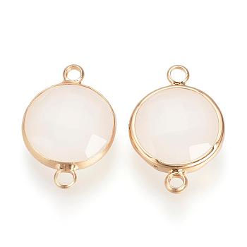 Glass Links connectors, with Raw(Unplated) Brass Findings, Faceted, Flat Round, Nickel Free, Lavender Blush, 21.5x14.5x5mm, Hole: 2.5mm