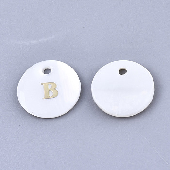 Natural White Shell Mother of Pearl Shell Charms, with Iron Sticker, Flat Round with Letter, Letter.B, 13x2mm, Hole: 1.5mm