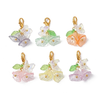 6Pcs Flower Butterfly Acrylic Pendant Decoration, Alloy Lobster Claw Clasps Charms for Bag Ornaments, Mixed Color, 24mm