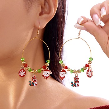 Christmas Theme Alloy Enamel Dangle Earrings, with Plastic Beads, Santa Claus with Snowflake, Golden, 95x49mm