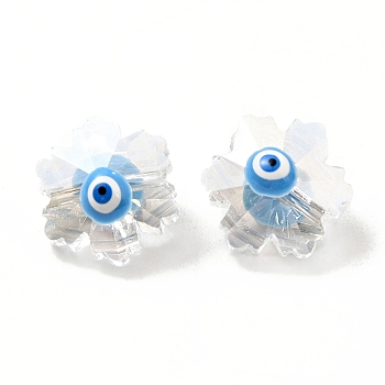 Transparent Glass Beads, with Enamel, Faceted, Snowflake with Evil Eye Pattern, Deep Sky Blue, 12.5x14x9mm, Hole: 1.2mm