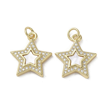 Brass Micro Pave Cubic Zirconia Pendants, with Shell, Star, Real 18K Gold Plated, 18x16x3mm, Hole: 3mm