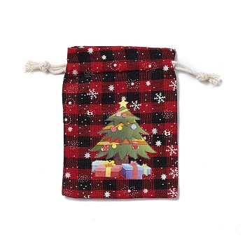Christmas Theme Rectangle Jute Bags with Jute Cord, Tartan Drawstring Pouches, for Gift Wrapping, Red, Tree, 13.8~14x9.7~10.3x0.07~0.4cm