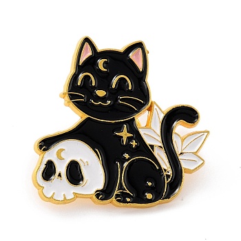 Cat with Skull Enamel Pin, Cute Alloy Enamel Brooch for Backpacks Clothes, Light Gold, Black, 28x29x9.5mm