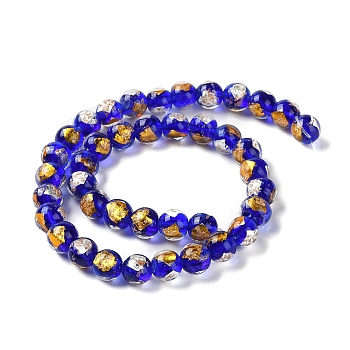 Handmade Gold & Silver Foil Lampwork Beads, Round, Blue, 12mm, about 33pcs/strand, 15.59 inch(39.6cm)