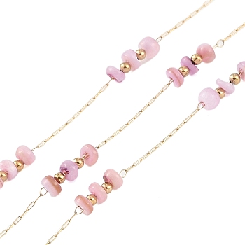 Ion Plating(IP) 316 Surgical Stainless Steel Paperclip Chains, with Natural Shell Beads, Flat Round, Real 18K Gold Plated, Unwelded, Pearl Pink, 1.5x0.5x0.1mm