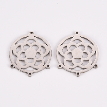 Tarnish Resistant 304 Stainless Steel Chandelier Component Links, Laser Cut, Flat Round with Flower, Stainless Steel Color, 23x20x1mm, Hole: 1mm