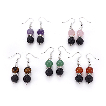 Brass Dangle Earrings, with Natural Gemstone Beads, Natural Lava Rock Beads and Iron Findings, 50mm, Pin: 0.7mm