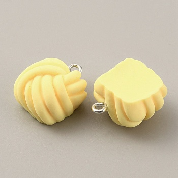 Opaque Resin Pendants, Frosted Square Yarn Ball Charms, with Platinum Tone Iron Findings, Champagne Yellow, 20x15.5x11mm, Hole: 2mm