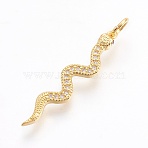 Brass Micro Pave Cubic Zirconia Pendants, Long-Lasting Plated, Snake, Lead Free & Cadmium Free, Clear, Real 18K Gold Plated, 29x6x2mm, Hole: 3mm(X-ZIRC-O026-22G-NR)