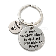 Teacher's Day Gift 201 Stainless Steel Word Thank You Keychains, with Iron Key Rings, Flat Round, 6cm, pendant: 16x1mm and 30x1.5mm(KEYC-E040-05P-03)