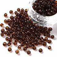 Glass Seed Beads, Transparent, Round, Round Hole, Brown, 6/0, 4mm, Hole: 1.5mm, about 500pcs/50g, 50g/bag, 18bags/2pounds(SEED-US0003-4mm-13)