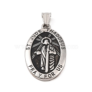 304 Stainless Steel Pendants, Oval with Saint Jude Charm, Antique Silver, 45x27x4mm, Hole: 4x7mm(STAS-S122-07AS)