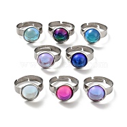 Flat Round K9 Glass Adjustable Ring, 304 Stainless Steel Jewelry for Women, Stainless Steel Color, Mixed Color, US Size 6 1/4(16.7mm), Ring Surface: 12x6mm(RJEW-G253-01A-P)