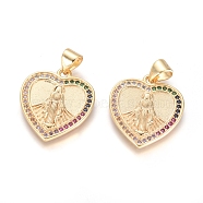 Brass Micro Pave Cubic Zirconia Pendants, Long-Lasting Plated, Heart with Virgin Mary, Colorful, Golden, 20x17x2mm, Hole: 5x3mm(KK-I657-35G)