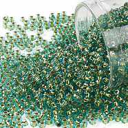 TOHO Round Seed Beads, Japanese Seed Beads, (755) 24K Gold Lined Light Aqua, 11/0, 2.2mm, Hole: 0.8mm, about 1110pcs/bottle, 10g/bottle(SEED-JPTR11-0755)