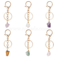 6Pcs 6 Styles Nuggets Natural Gemstone Wire Wrapped Keychain Key Ring, for Handbag, Car Decoration, 8~9cm, 1pc/style(KEYC-NB0001-50)