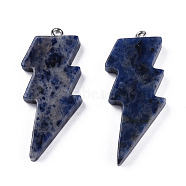 Natural Sodalite Pendants, Lightning Bolt Charm, with Stainless Steel Color Tone 304 Stainless Steel Loops, 40~44.5x17~20x4.5~6mm, Hole: 2mm(G-N332-53-A04)