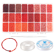 480g 24 Colors 12/0 Opaque Glass Seed Round Beads, with 1Pc Beading Needles and 2 Rolls Elastic Crystal Thread, Red, 2mm, 20g/color(SEED-CJ0001-10)