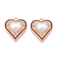 Rack Plating Alloy Rhinestone Pendants, with ABS Plastic Imitation Pearl, Heart, Red, 18.5x16.5x5.5mm, Hole: 1.8mm(FIND-N005-19B)