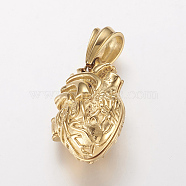 304 Stainless Steel Locket Pendants, Cage Pendants, with Magnetic, Heart, Golden, 35x23x16mm, Hole: 7.5x13mm, inner diameter: 14.5x24.5mm(X-STAS-P137-19G)