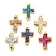 Brass Links connectors, with Druzy Resin, Golden Plated Color, Cross, Mixed Color, 19.7x13.5x3.5mm, Hole: 1.2mm(KK-O117-A)