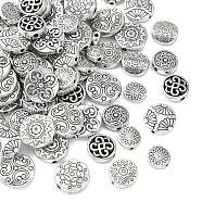 100Pcs 10 Styles Tibetan Style Alloy Beads, Flat Round with Flower & Star, Antique Silver, 7~14x7~13x3~4.5mm, Hole: 1.5mm, 10pcs/style(TIBEP-CJ0003-15)