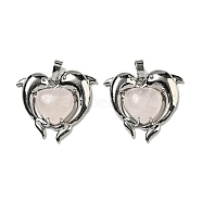 Natural Rose Quartz Heart Pendants, Rack Plating Brass Dolphin Charms, Platinum, Cadmium Free & Lead Free, 29x32.5x8.5mm, Hole: 8x5mm(G-M434-02P-25)
