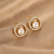 Cubic Zirconia Ring Stud Earrings, Brass Earrings with Imitation Pearl, Real 18K Gold Plated, 13x13mm(BR6560)
