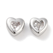 Brass Micro Pave Cubic Zirconia Beads, Platinum, Heart, Clear, 5.5x5.5x3.5mm, Hole: 1mm(KK-C051-26P-03)