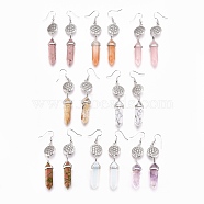 Pointed Bullet Natural & Synthetic Mixed Gemstone Dangle Earrings, with Brass Earring Hooks and Flat Round with Flower of Life Links, Platinum, 77mm, Pin: 0.7mm(EJEW-K084-A)