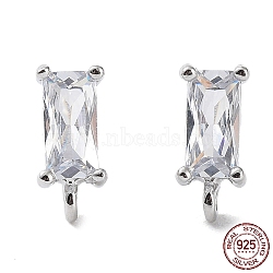 Rhodium Plated 925 Sterling Silver with Clear Cubic Zirconia Stud Earring Findings, with S925 Stamp, Rectangle, Real Platinum Plated, 8.5x4mm, Hole: 1mm, Pin: 0.6mm(STER-G036-10P)