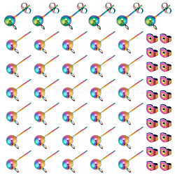 Elite 50Pcs 304 Stainless Steel Ball Stud Earring Post, with Horizontal Loops and 50 Pcs Ear Nuts, Rainbow Color, 15x6mm, Hole: 1.8mm(STAS-PH0004-69)