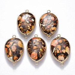 Assembled Synthetic Imperial Jasper Links connectors, with Golden Plated Brass Settings and Iron Loops, Teardrop, Sandy Brown, 40.5~41x23~24x6~7mm, Hole: 2mm(G-R457-08B)