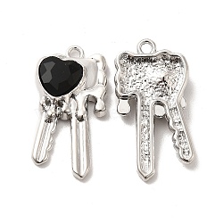 Glass Heart Key Pendants, with Platinum Alloy Finding, Long-Lasting Plated, Cadmium Free & Lead Free, Black, 28x15x5mm, Hole: 2mm(PALLOY-E024-29P-03)
