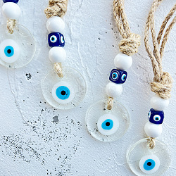 Flat Round with Evil Eye Glass Pendant Decorations, Hemp Rope Hanging Ornament, Clear, 180mm(EVIL-PW0002-20)