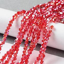 Glass Beads Strands, AB Color Plated, Faceted, Bicone, Red, 3x3~3.5mm, Hole: 0.5mm, about 125~130pcs/strand, 15.5 inch(EGLA-S056-3mm-13)
