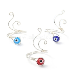 Copper Wire Wrap Open Cuff Rings, with Handmade Evil Eye Lampwork Round Beads for Women, Silver, 2~35mm, Inner Diameter: 19.4mm(RJEW-JR00562-01)