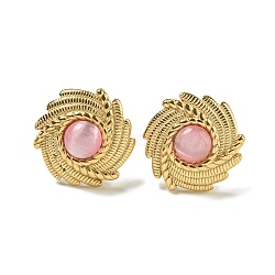 Cat Eye Stud Earrings, Sun Ion Plating(IP) 304 Stainless Steel for Women, Polishing, Pearl Pink, 17.5mm(EJEW-G400-62G-03)