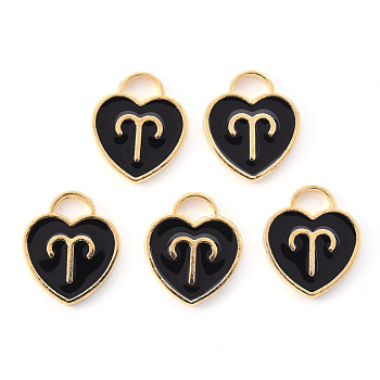 Light Gold Plated Alloy Enamel Pendants, Constellations, Black Heart, Aries, 14x12x1.8mm, Hole: 4mm