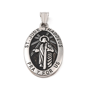 304 Stainless Steel Pendants, Oval with Saint Jude Charm, Antique Silver, 45x27x4mm, Hole: 4x7mm