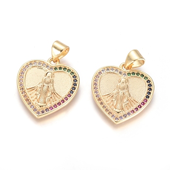Brass Micro Pave Cubic Zirconia Pendants, Long-Lasting Plated, Heart with Virgin Mary, Colorful, Golden, 20x17x2mm, Hole: 5x3mm